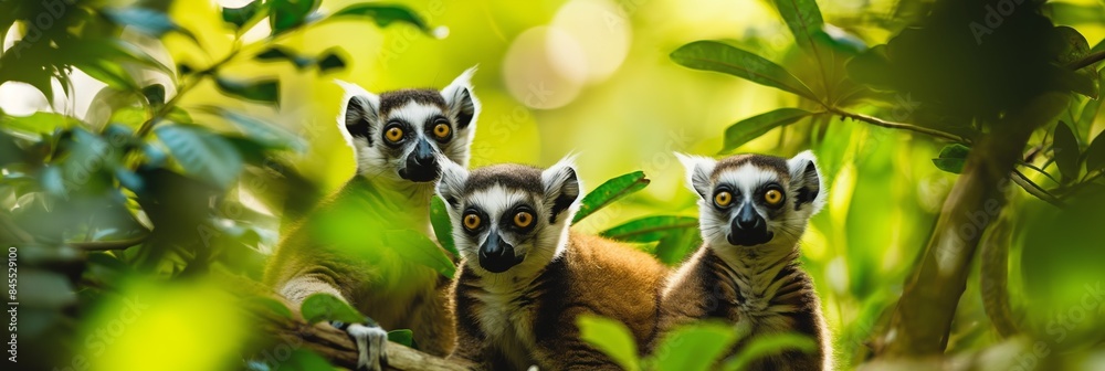 Fototapeta premium Striped ring-tailed lemurs, adorable primates in lush forest, captivate with their curious gaze