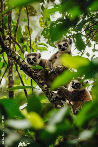 In the lush rainforest  a group of adorable lemurs  with their expressive eyes  inhabit the trees