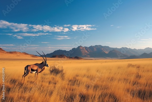 Antelope grazes amidst savanna landscape, with mountains in distance, under southern sun photo