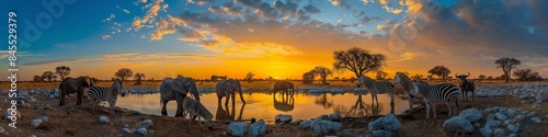 Wild herbivorous animals at a waterhole in the savanna during an orange sunset, reflecting in water