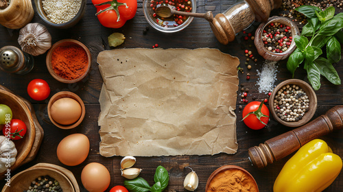 Cooking ingredients arranged on a wooden board with a blank recipe card