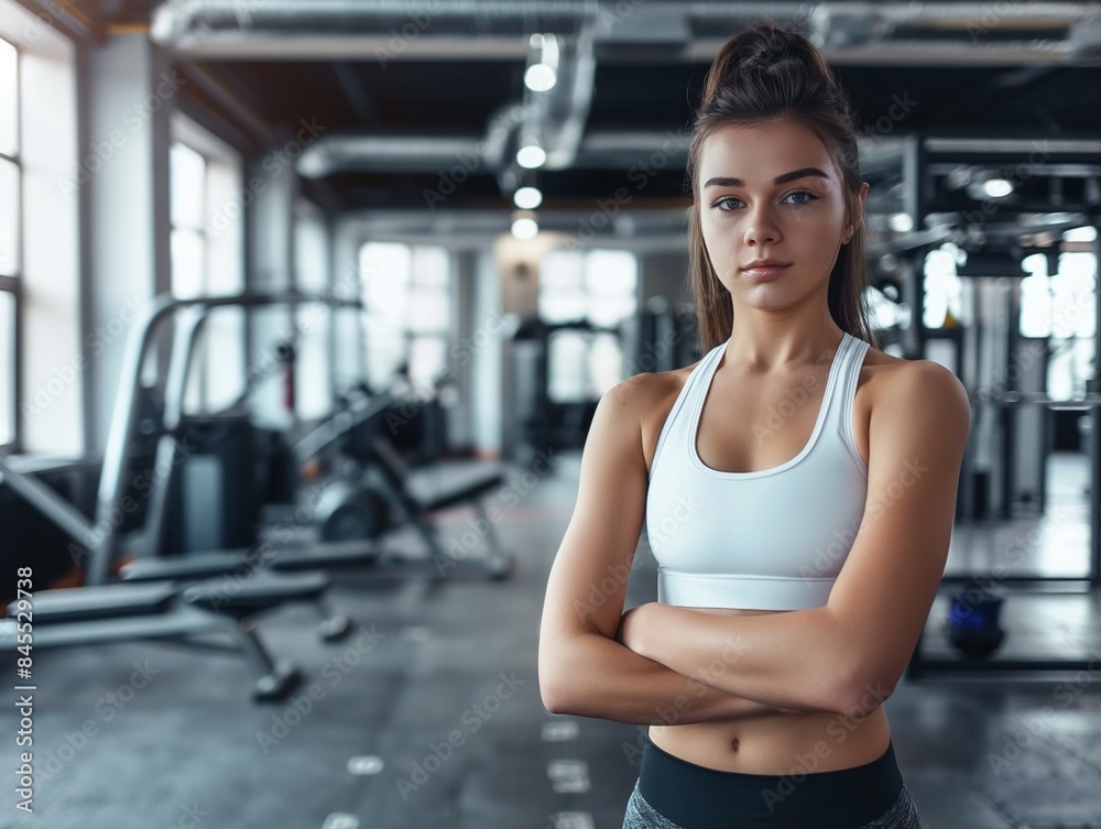 Close up image of attractive sporty fit woman in gym, banner with copy space Close up image of attractive sporty fit woman in gym, banner with copy space