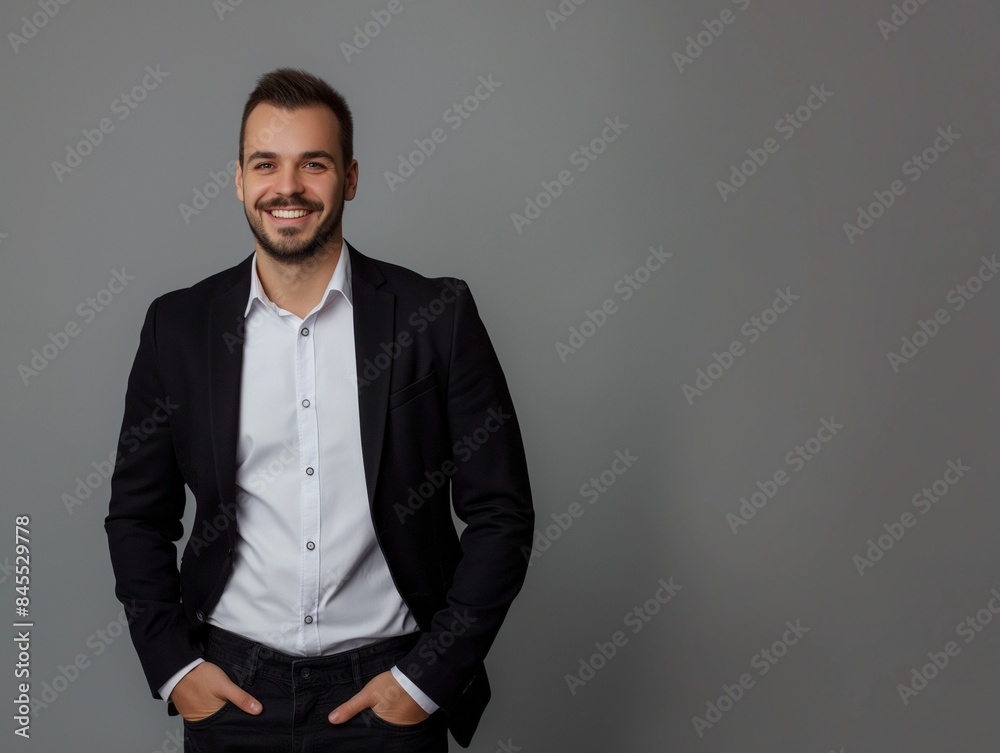 Fototapeta premium charming successful young entrepreneur, smiling broadly with self-assured expression while holding hands in pockets