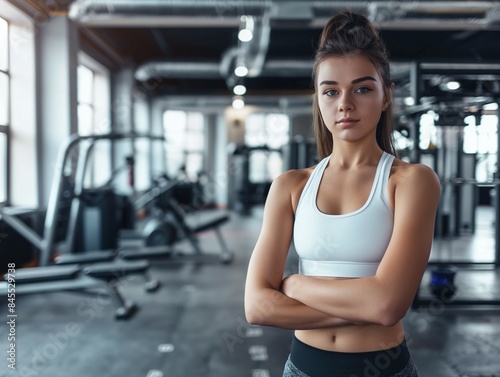 Close up image of attractive sporty fit woman in gym, banner with copy space © mirifadapt