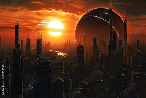 Eclipse view of the futuristic city on alien planet, digital painting, concept illustration