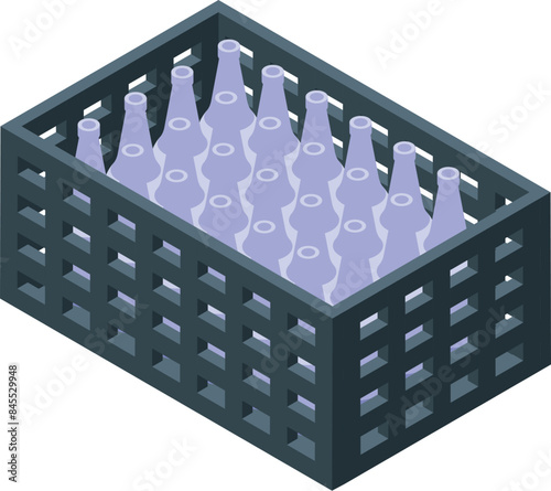 Empty glass bottles standing inside an open black plastic crate for storage or transportation