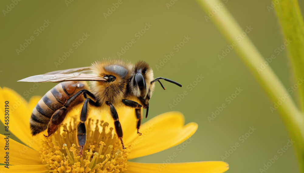 A close-up photo of a honeybee collecting pollen from a yellow flower in a garden A close-up photo of a honeybee collecting pollen from a yellow flower in a garden