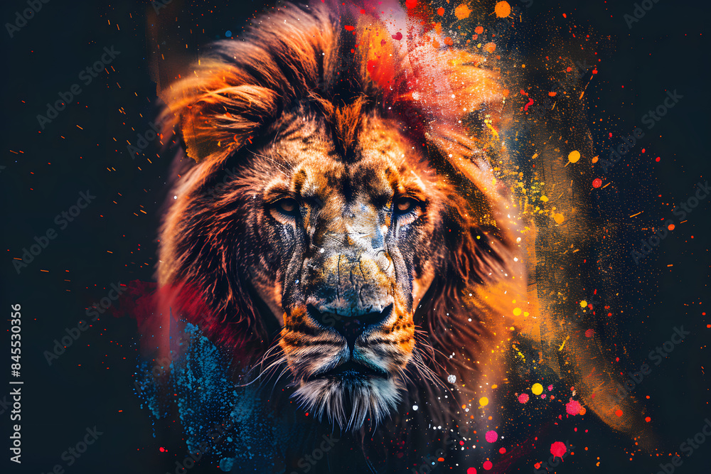 Naklejka premium Vibrant lion head with colorful paint splatter on dark background
