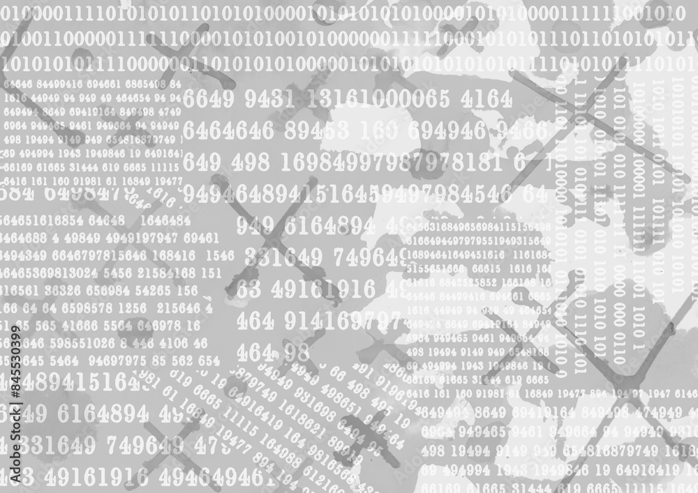 Obraz premium グレーのランダムな数字コラージュのある手描きバツ印模様のテクスチャ背景