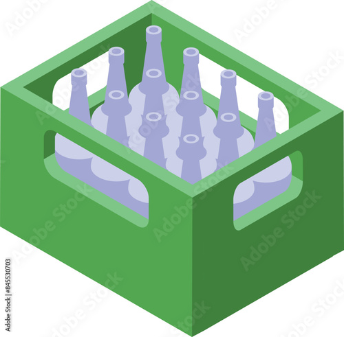 Green plastic crate holding glass bottles of water or beer for delivery to supermarkets or restaurants