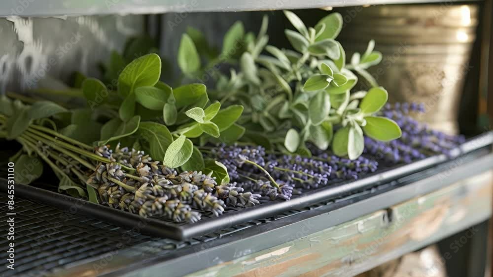 A unique herb drying rack made from a metal mesh frame and adorned with dried lavender marjoram and bay leaves adding a beautiful touch to any room. A unique herb drying rack made from a metal mesh frame and adorned with dried lavender marjoram and bay leaves adding a beautiful touch to any room.