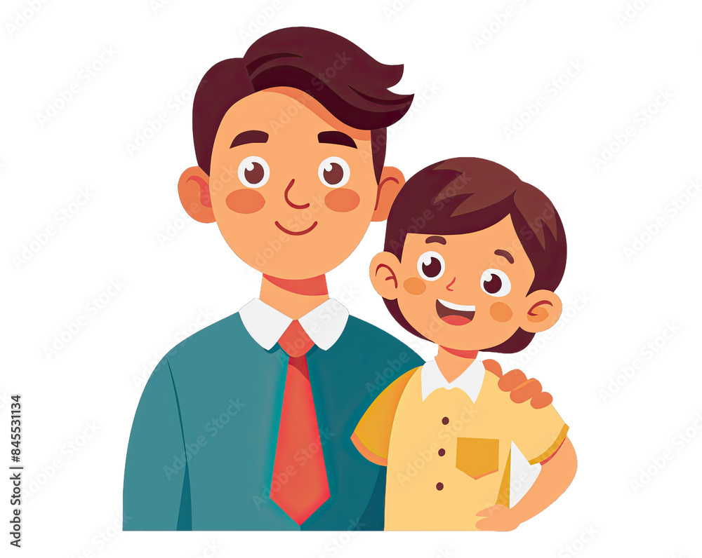 A smiling father and child stand together, the father with his arm around the childs shoulder, isolated on a white background. Generative AI A smiling father and child stand together, the father with his arm around the childs shoulder, isolated on a white background. Generative AI
