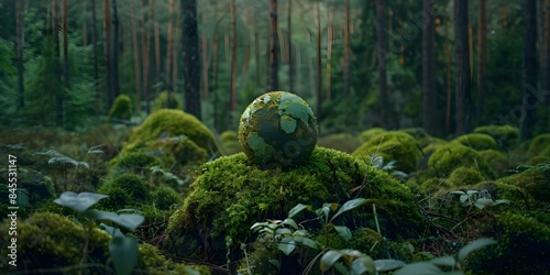 The Fragility of Earth Reflected in Moss-Covered Globe in Green Forest. Concept Environmental Awareness  Nature Conservation  Earth Fragility  Moss-Covered Globe  Green Forest