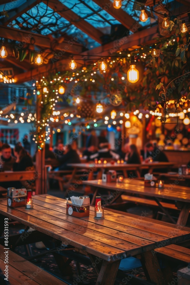 Cozy Oktoberfest Beer Tent with Intimate Seating and Warm Festive Lighting for Celebrations