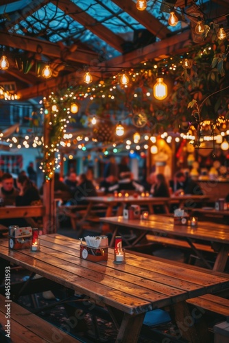 Cozy Oktoberfest Beer Tent with Intimate Seating and Warm Festive Lighting for Celebrations © spyrakot
