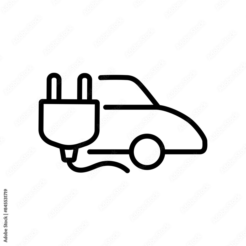 Electic car and power plug outline icon. Green electricity energy concept. Editable stroke. Isolated vector illustration Electic car and power plug outline icon. Green electricity energy concept. Editable stroke. Isolated vector illustration