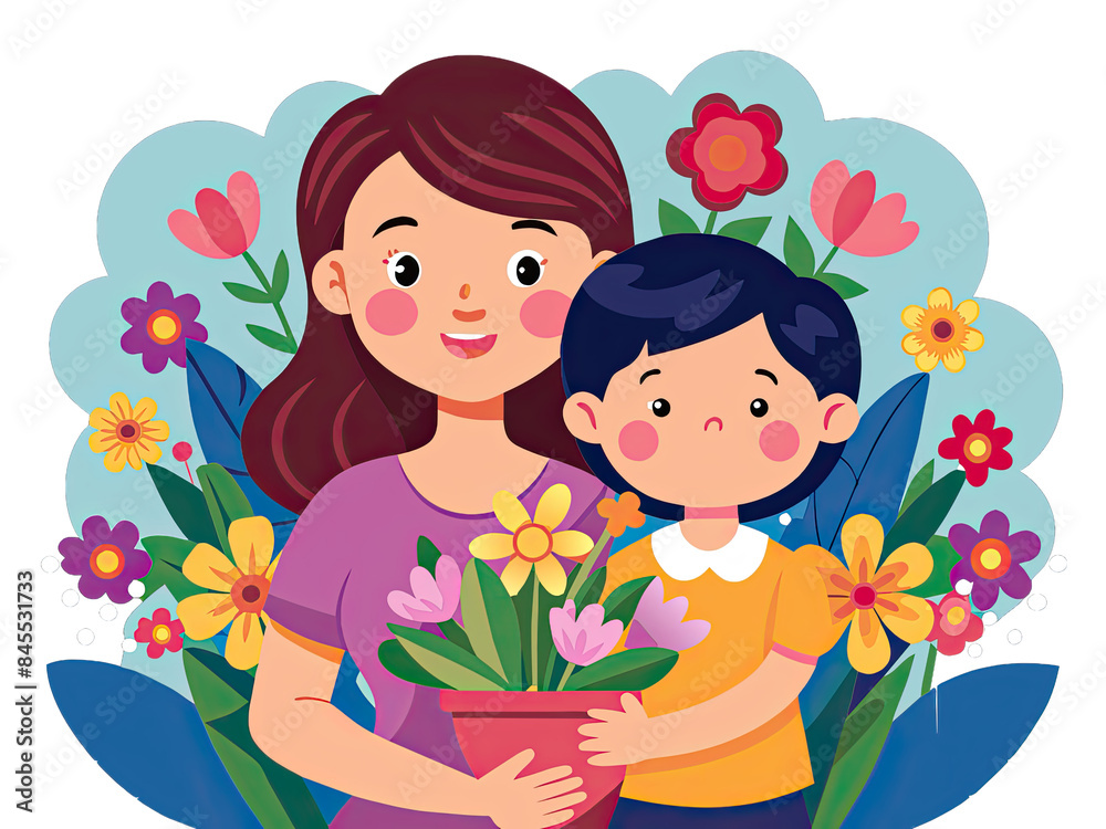 A smiling mother and her child hold a potted plant with bright flowers, surrounded by blooming flowers. Generative AI