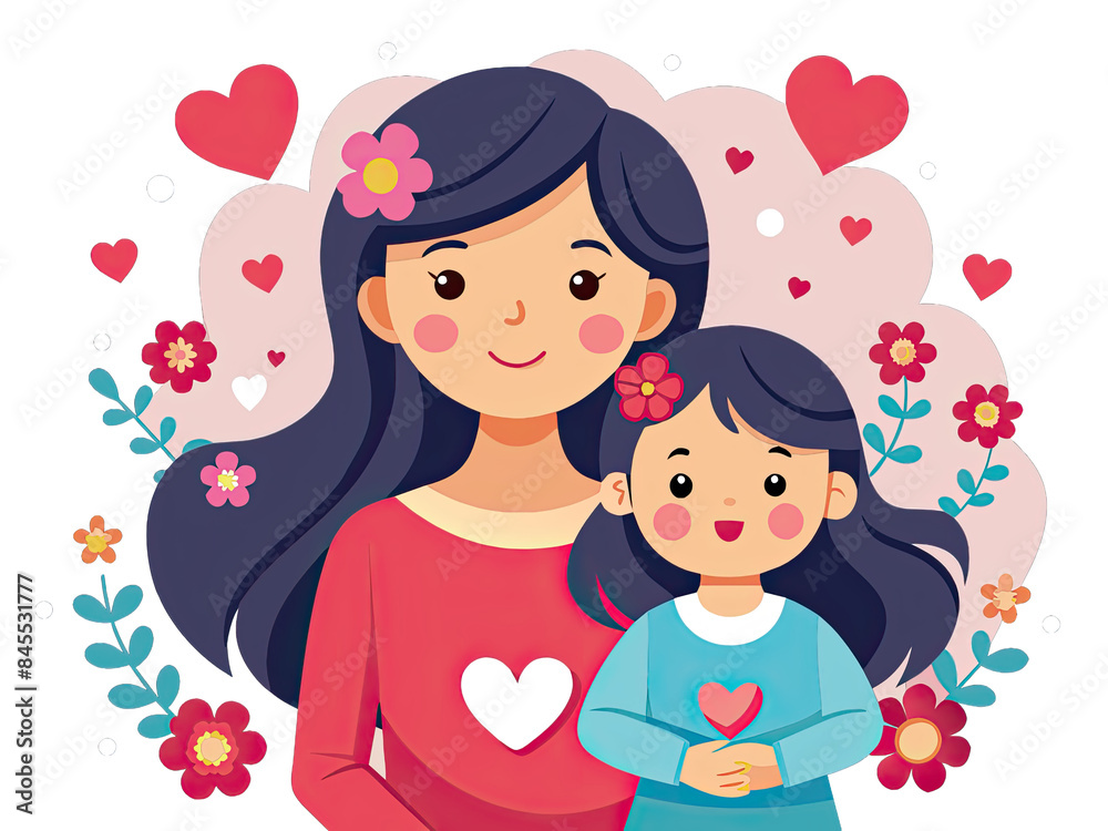 A digital illustration of a mother and daughter, both with long dark hair, smiling and holding white hearts. They are surrounded by pink hearts, flowers, and leaves. Generative AI A digital illustration of a mother and daughter, both with long dark hair, smiling and holding white hearts. They are surrounded by pink hearts, flowers, and leaves. Generative AI