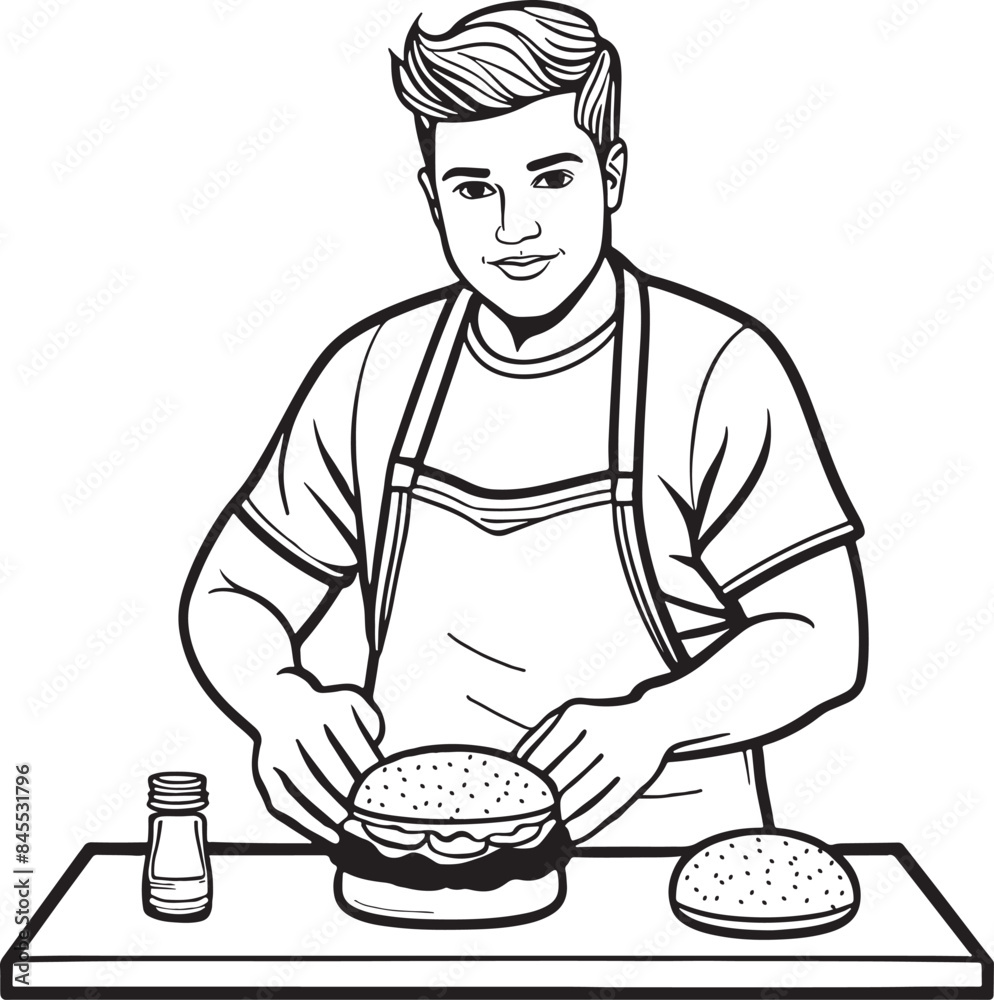 black and white ink vector illustration of a chef wearing apron and preparing gourmet hamburgers black and white ink vector illustration of a chef wearing apron and preparing gourmet hamburgers