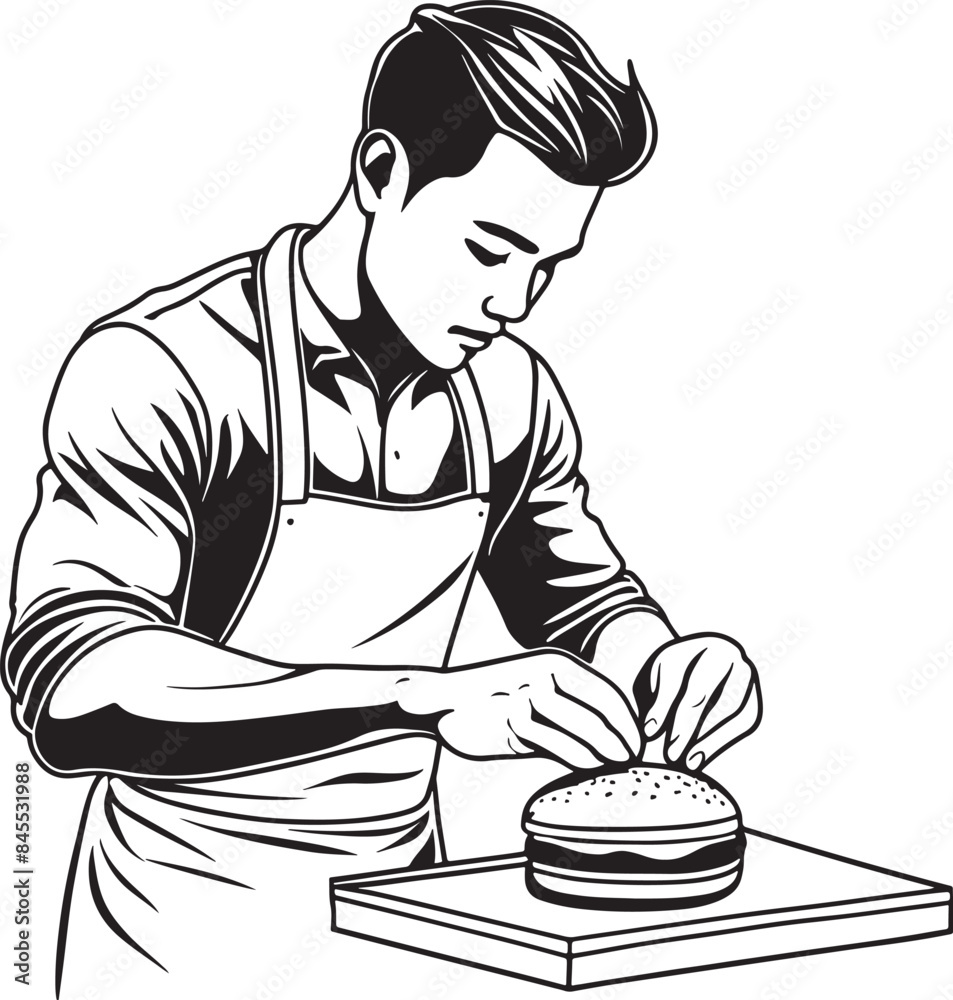 black and white ink vector illustration of a chef wearing apron and preparing gourmet hamburgers black and white ink vector illustration of a chef wearing apron and preparing gourmet hamburgers