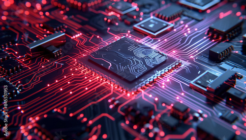 Close-up of a computer circuit board with electronic components and microchips