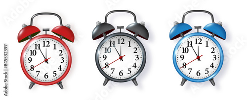 Black alarm clock on white background. Morning, reminder. Vector metal vintage ringing alarm clock on bright white background. Vector