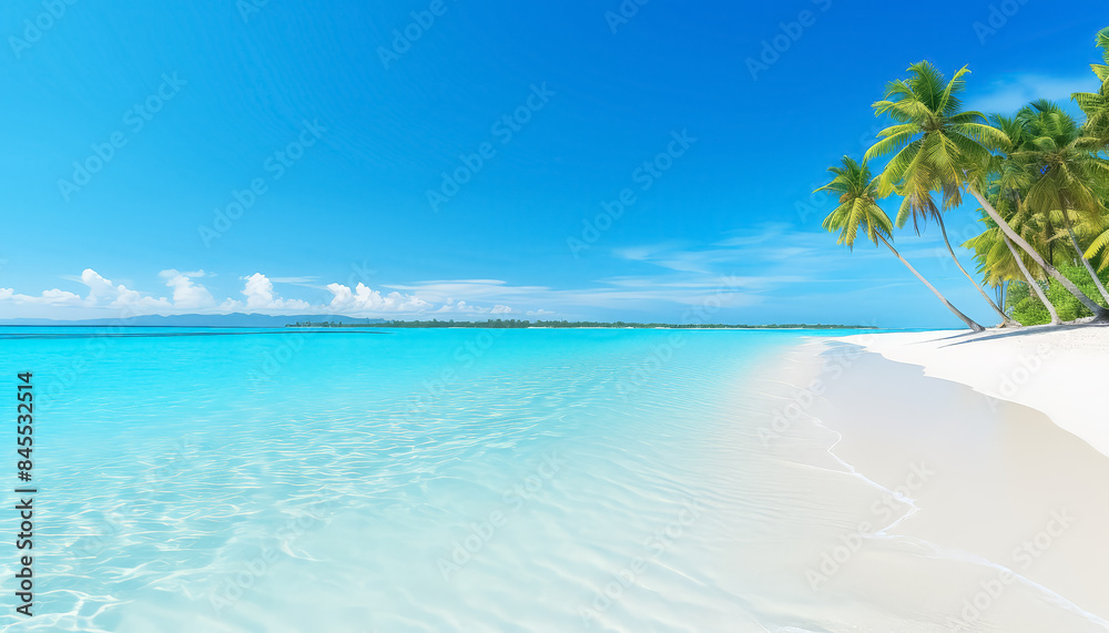 Fototapeta premium A beautiful beach with palm trees and a clear blue ocean