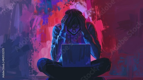 Cyber bullying concept. Depressed young man looks at laptop. Opinion and the pressure of society. Shame.