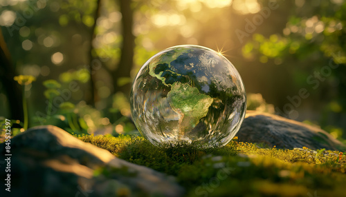 Bubbles on Grass Reflecting the Globe and Nature