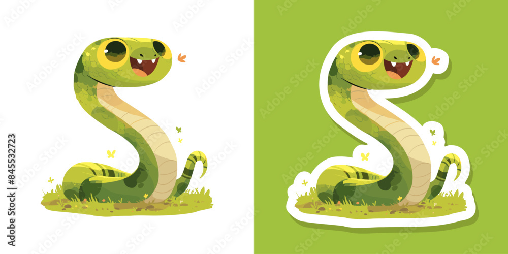 Vector green snake symbol of 2025 year cute illustration sticker isolated on white background. Chinese New Year 2025. Chinese zodiac snake symbol. Vector green snake symbol of 2025 year cute illustration sticker isolated on white background. Chinese New Year 2025. Chinese zodiac snake symbol.