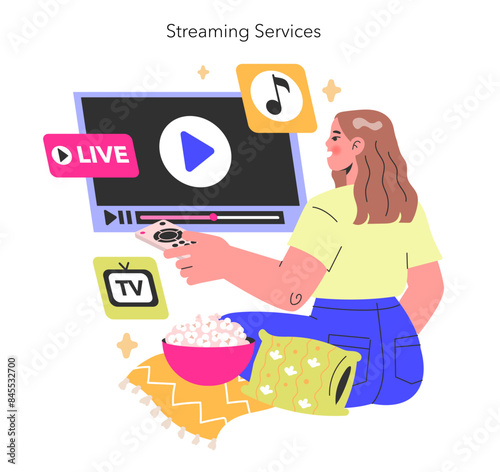 Streaming Services concept Relaxed user curates personal entertainment from live streams to music with a remote in hand Homely digital leisure vibes Vector illustration