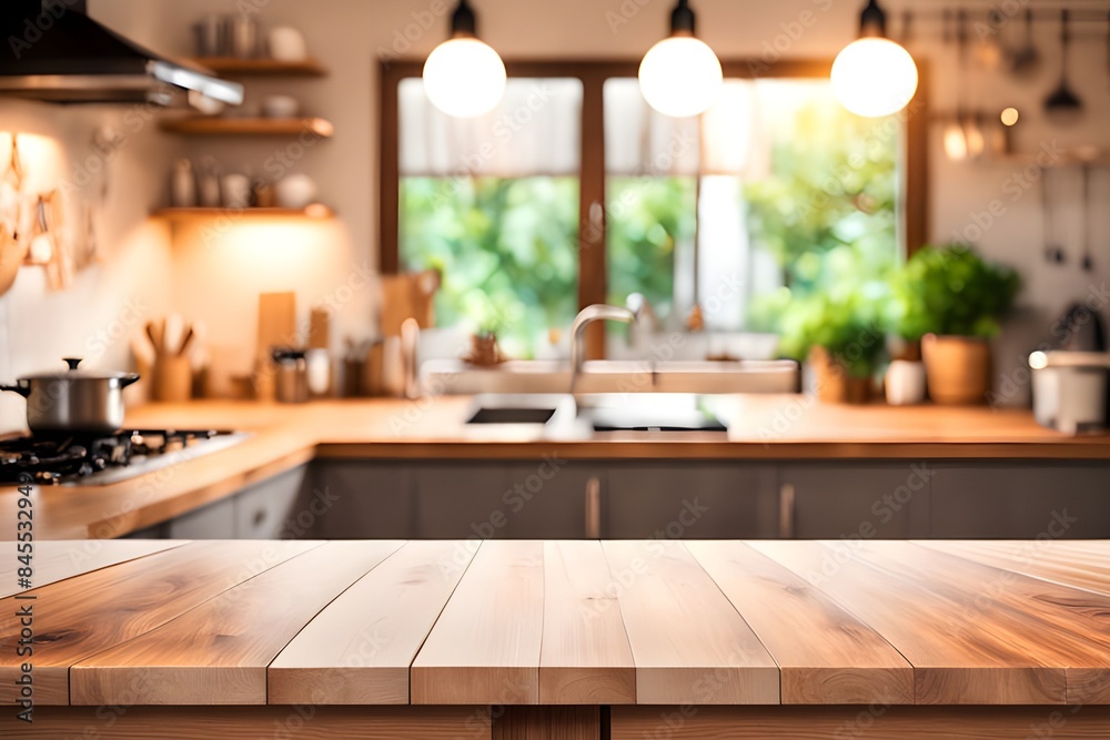 Empty Wooden table with blur background of kitchen interior. Generative ai Empty Wooden table with blur background of kitchen interior. Generative ai