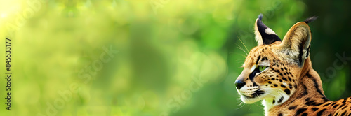 Serval web banner. Serval isolated on green background with copy space. © Banner Brian