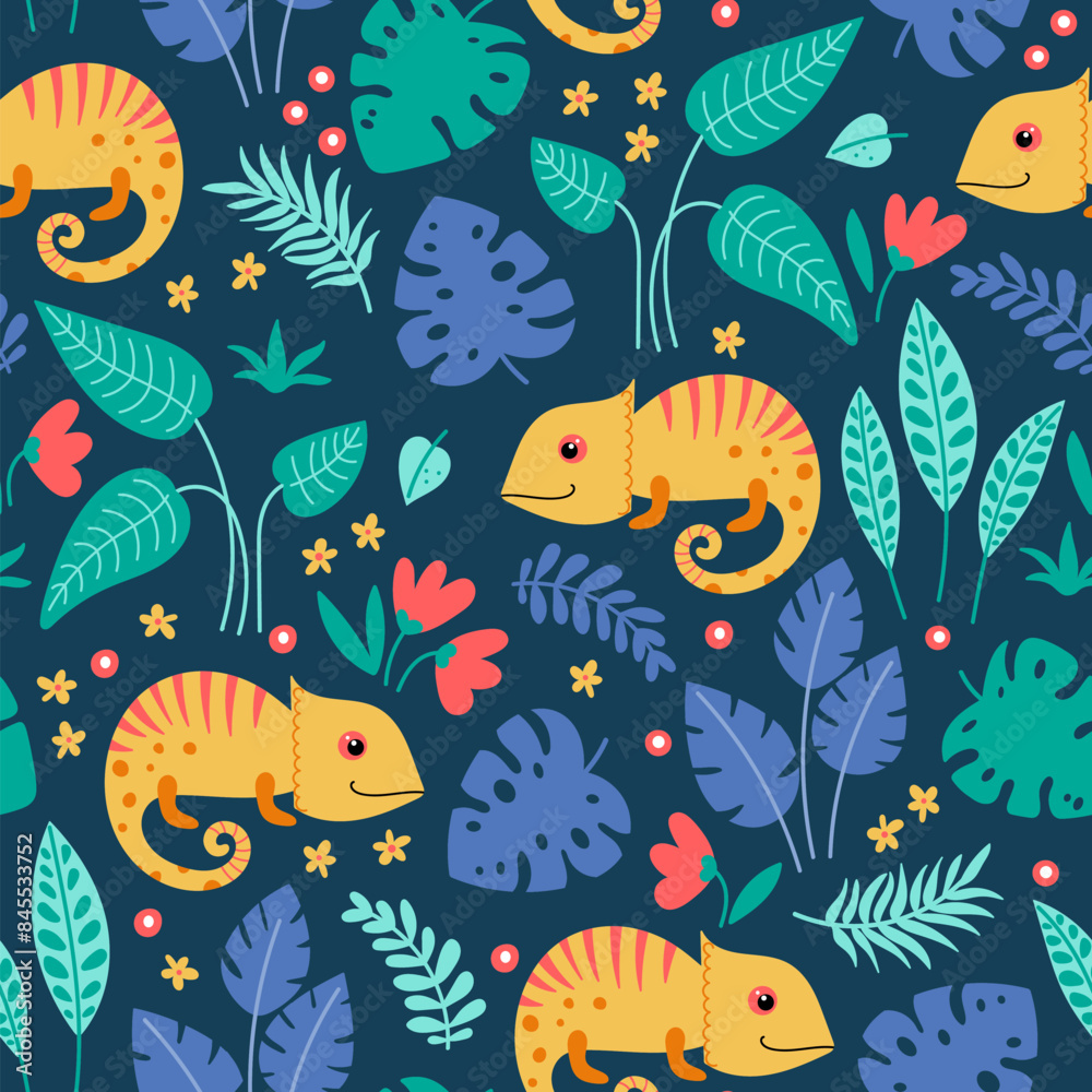 Tropical seamless pattern with chameleon Tropical seamless pattern with chameleon