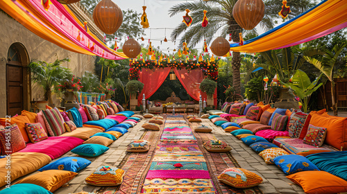 Cultural festival event setup with traditional decorations and vibrant props