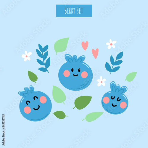 Cute blueberries and leaves collection © rosypatterns