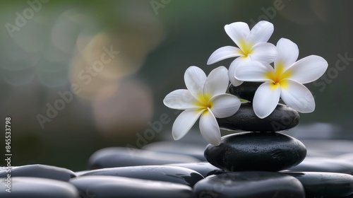 Still life with gardenia and plant with therapy stones