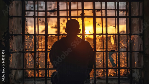 A silhouette of a person stands behind barred windows, gazing at a fiery sunset, creating a dramatic and emotional scene of reflection and contemplation photo