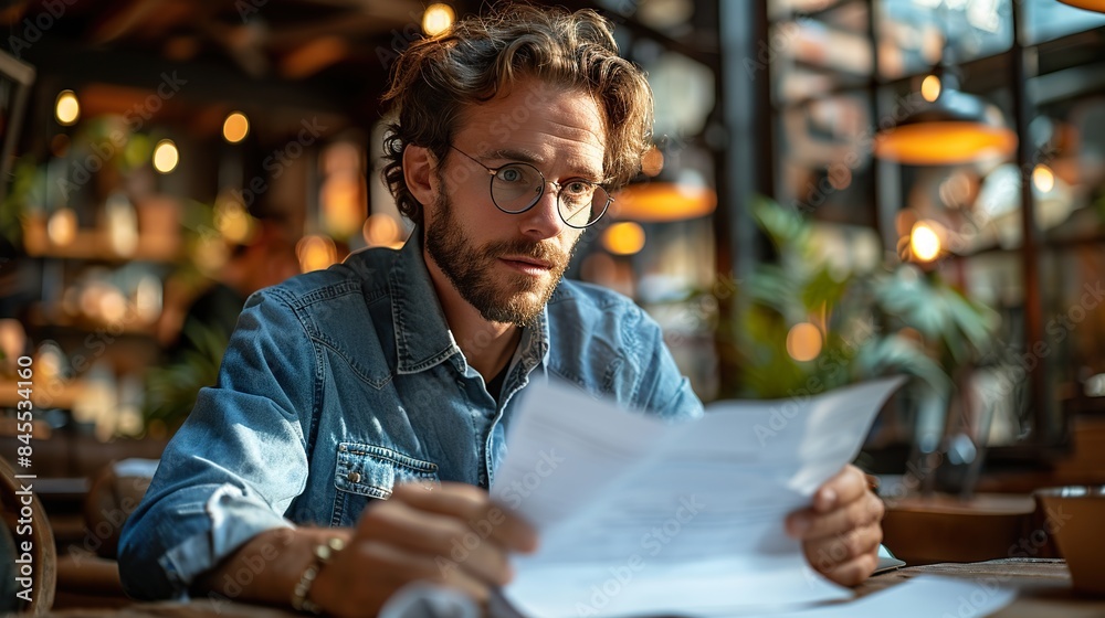 Man Reading Documents in a Cozy Cafe Setting Man Reading Documents in a Cozy Cafe Setting