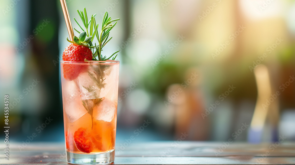 Close up of a summer cold fresh drink with rosemary strawberry and metal copper straw on blurred background, fancy summer cocktail, happy summer holiday, freshness, party, vacation, travel, event Close up of a summer cold fresh drink with rosemary strawberry and metal copper straw on blurred background, fancy summer cocktail, happy summer holiday, freshness, party, vacation, travel, event