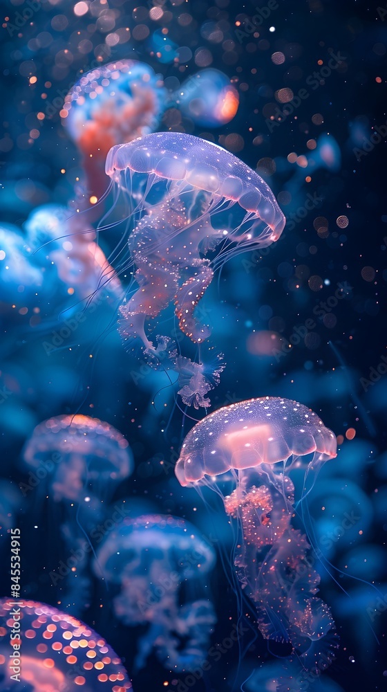Obraz premium Captivating Bioluminescent Creatures Illuminating the Mysterious Deep Sea Realm