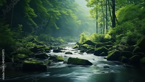 A quiet river flows in the forest in summer among green trees