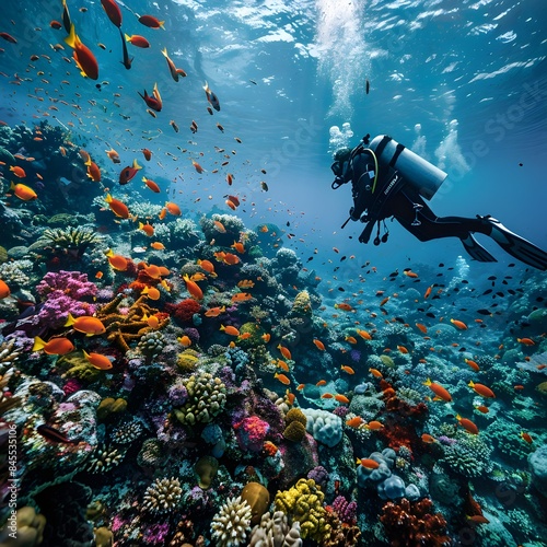 Vibrant Coral Reef Teeming with Diverse Marine Life Diver s Underwater Adventure photo