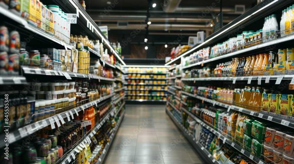 Modern Grocery Store Aisle with an Organized Gluten-Free Section and a Variety of Products Modern Grocery Store Aisle with an Organized Gluten-Free Section and a Variety of Products