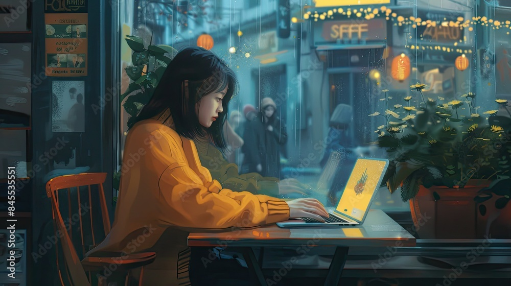 woman working on laptop in cafe woman working on laptop in cafe