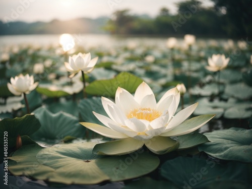 Beautiful white lotus flower in the lake