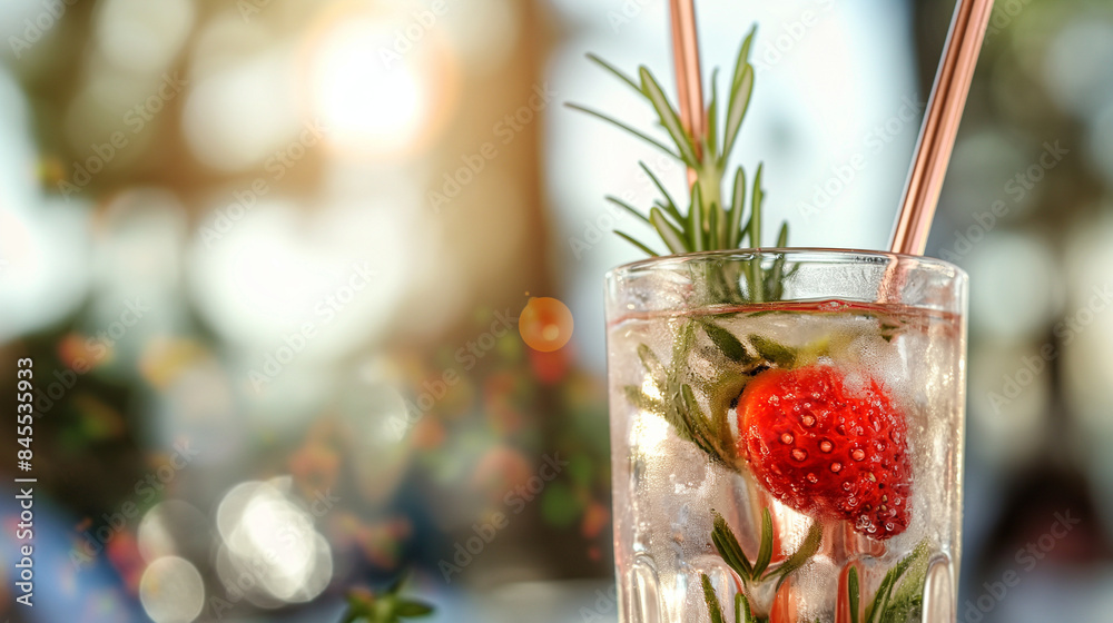 Close up of a summer cold fresh drink with rosemary strawberry and metal copper straw on blurred background, fancy summer cocktail, happy summer holiday, freshness, party, vacation, travel, event Close up of a summer cold fresh drink with rosemary strawberry and metal copper straw on blurred background, fancy summer cocktail, happy summer holiday, freshness, party, vacation, travel, event