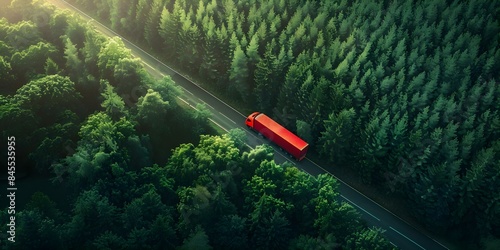 Semi truck racing through lush forest on urgent delivery mission. Concept Truck Racing, Lush Forest, Urgent Delivery, Action Packed, Adrenaline Rush photo