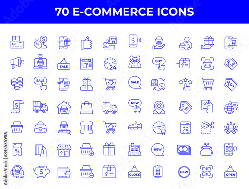 Set of line icons in linear style. Series - E-commerce and shopping. Online shopping cart, electronic purchase and sale on marketplaces. Conceptual pictogram and infographic DN1