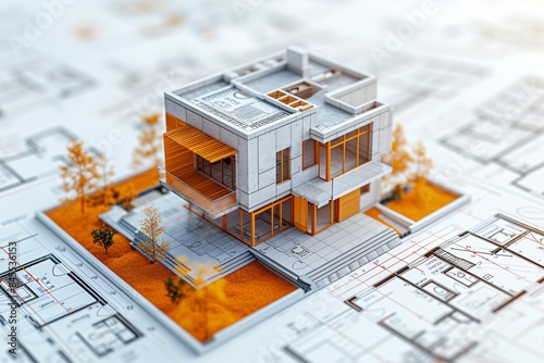 Architecture project of modern house. Architectural drawings and blueprint. Business, architecture, design and work concept. Illustration for banner, poster, flyer